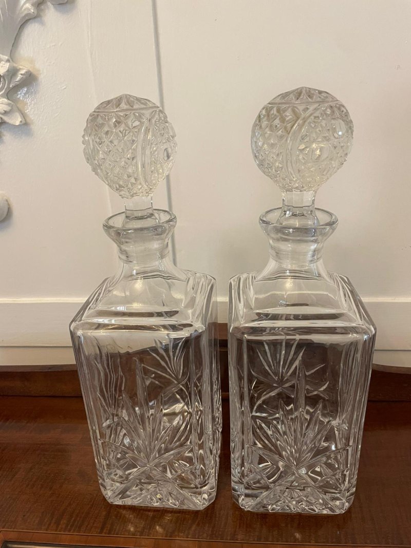 Pair of Antique Edwardian Quality Cut Glass Decanters